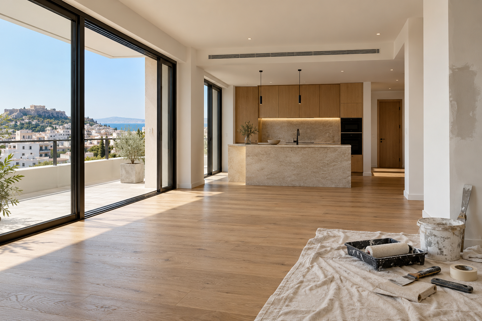 Photorealistic illustration of an apartment in the final stage of renovation