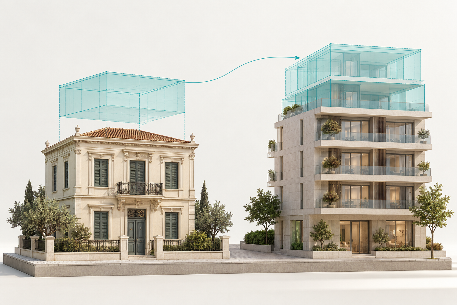 Conceptual illustration of development rights transferred from a listed building to a contemporary building